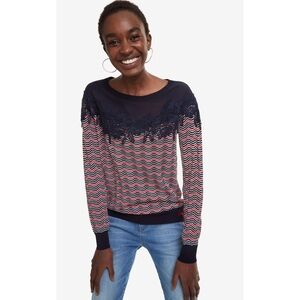 Desigual Jers Laura Stripe Jumper Sweater Blue Red Lace